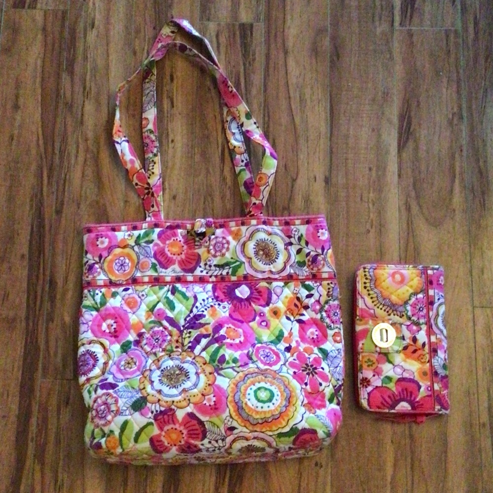Vera Bradley Clementine Pink Floral Quilted Tote with Multicolor Print